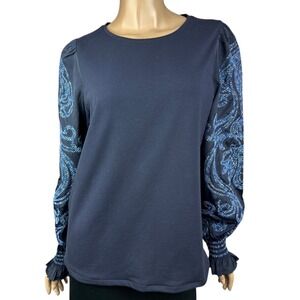 Chico's Blue Pullover Blouse Long Balloon Sleeves w Lt Blue Design Size 1/Medium